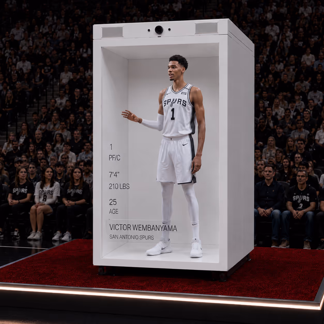 Life-size HoloBox hologram installed at a basketball arena for live sports broadcasting and fan engagement.