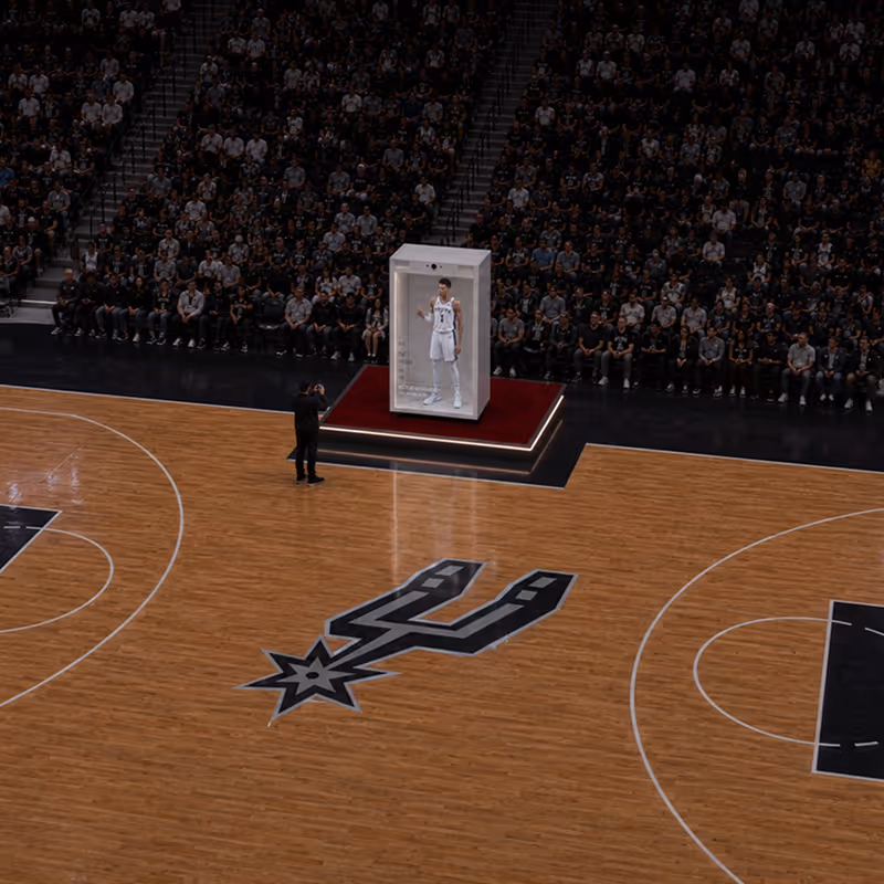 Life-size HoloBox supporting sports marketing campaigns and sponsor activations with interactive athlete holograms.