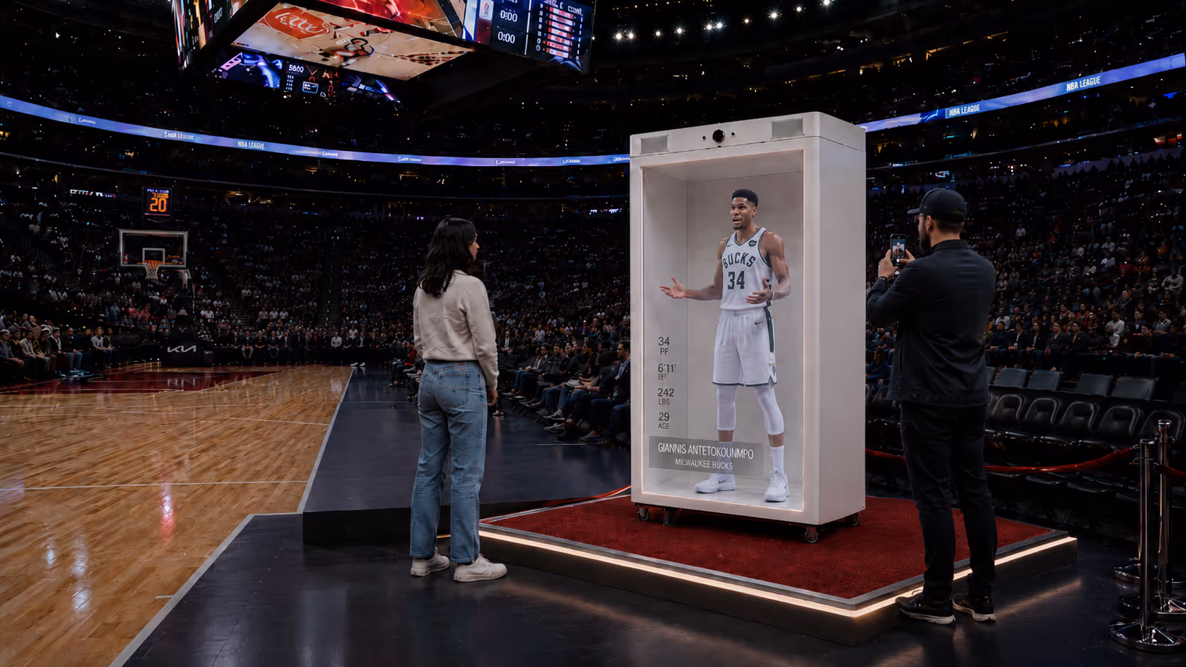 Life-size HoloBox hologram of a professional basketball player interacting with fans during a live sports broadcasting event.