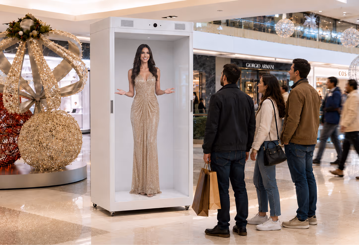 Shoppers interacting with a life-size HoloBox hologram advertising display inside a shopping mall, delivering an immersive retail marketing experience.