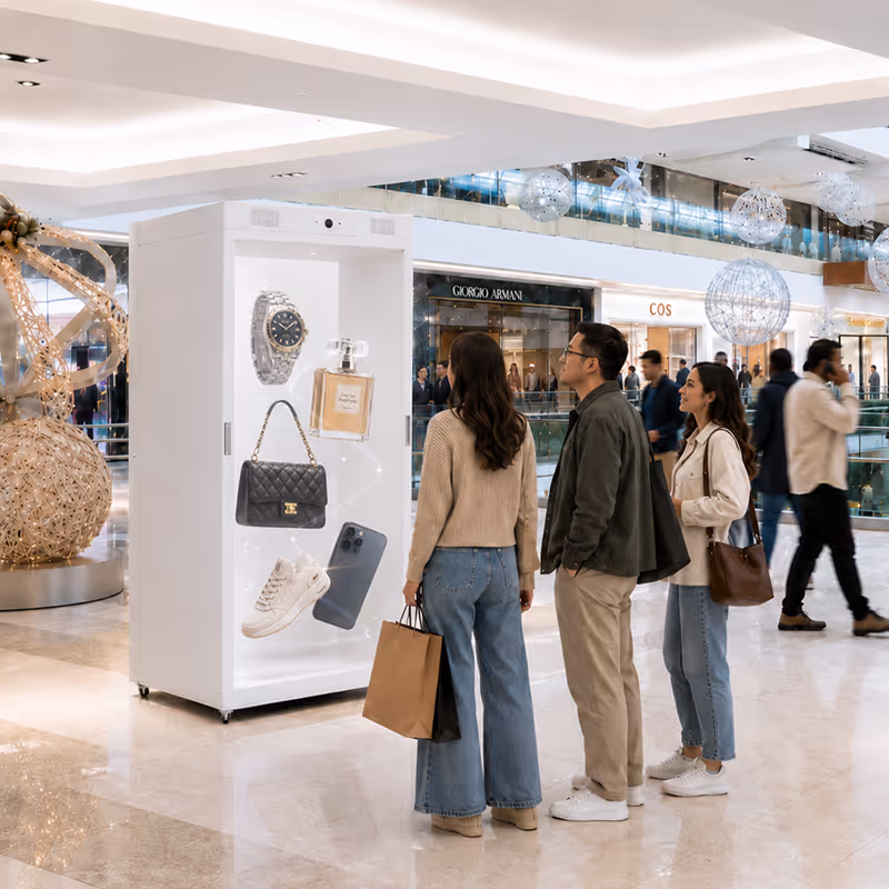 Shoppers viewing a life-size HoloBox digital out-of-home (DOOH) advertising display featuring premium retail products inside a shopping mall.
