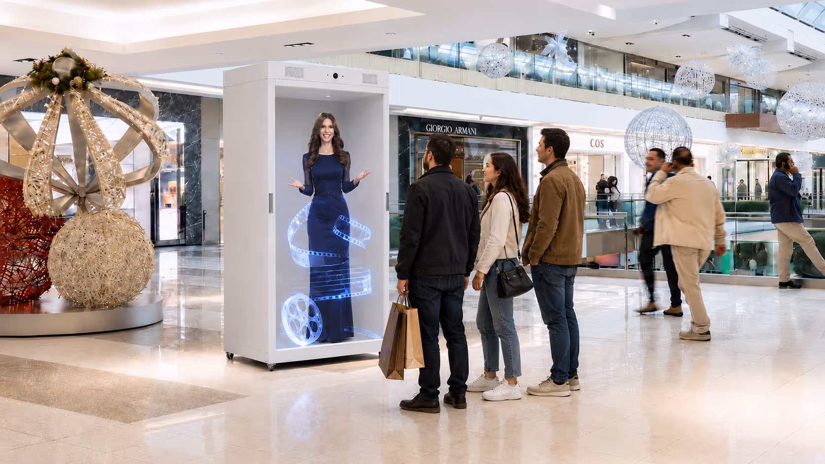 Life-size HoloBox hologram advertising display engaging shoppers inside a modern shopping mall with immersive digital content.