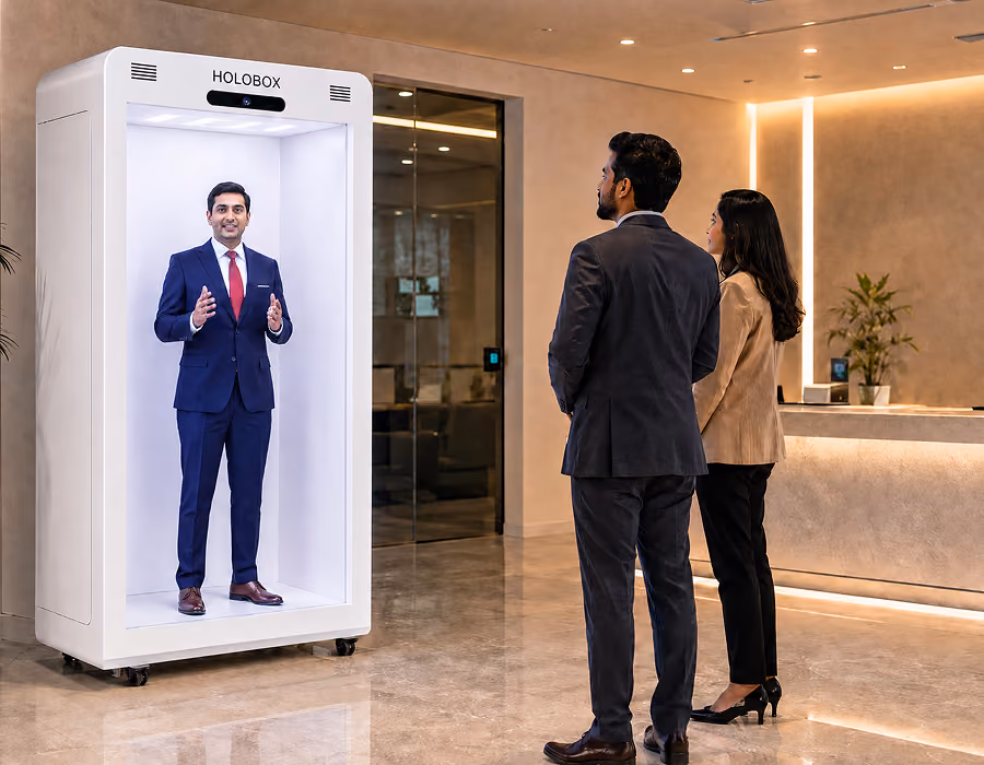 Visitor watching a life-size HoloBox911 hologram presenter at a corporate learning session in India