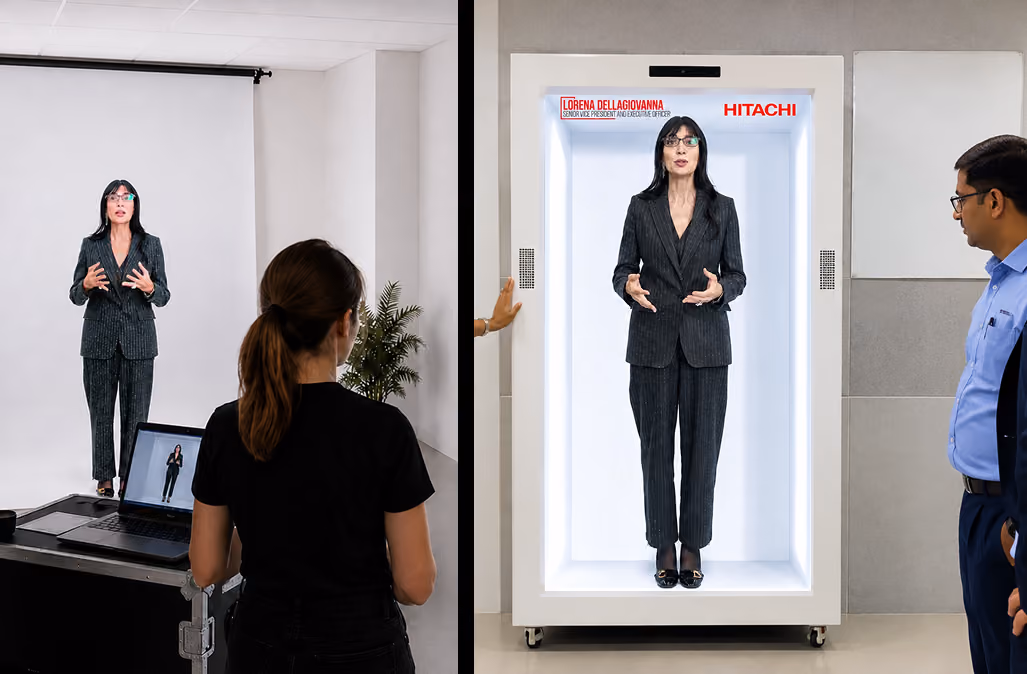 Life-size HoloBox911 hologram presenter delivering a live holoported training session on stage
