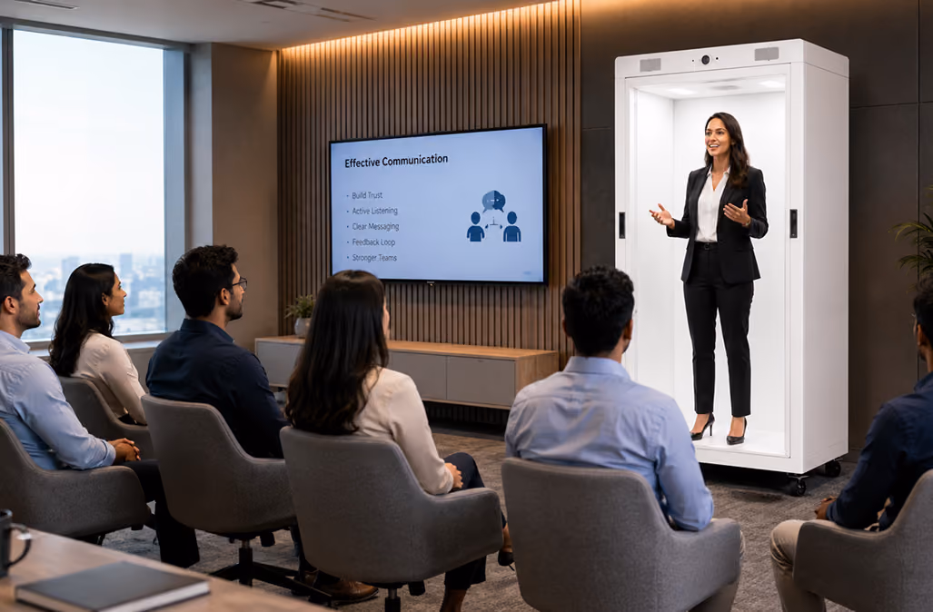HoloBox911 hologram presenter leading a recorded corporate training seminar for repeat cohorts