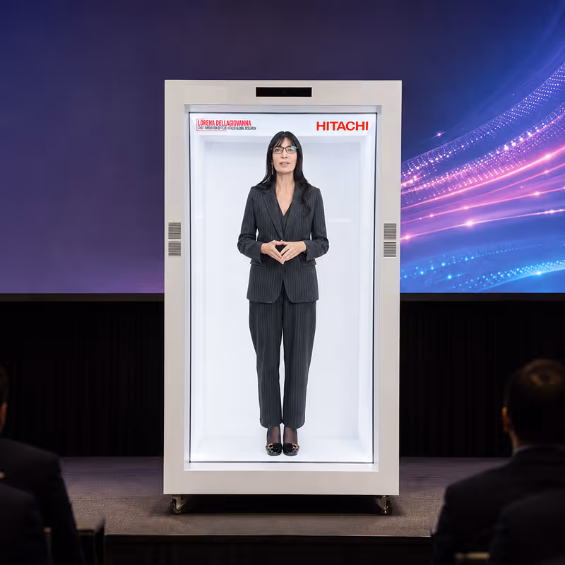 Life-size HoloBox911 holographic display installed for Hitachi.