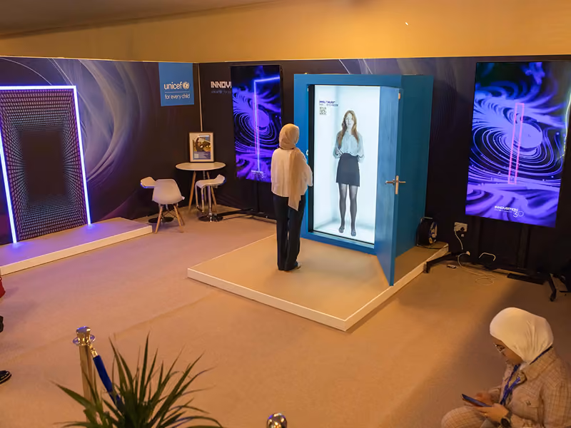 Interactive HoloBox911 hologram engaging employees in a corporate engagement session