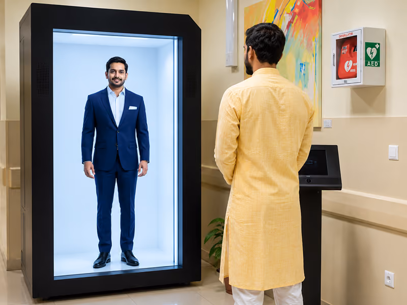 Futuristic holographic advertising display at a storefront