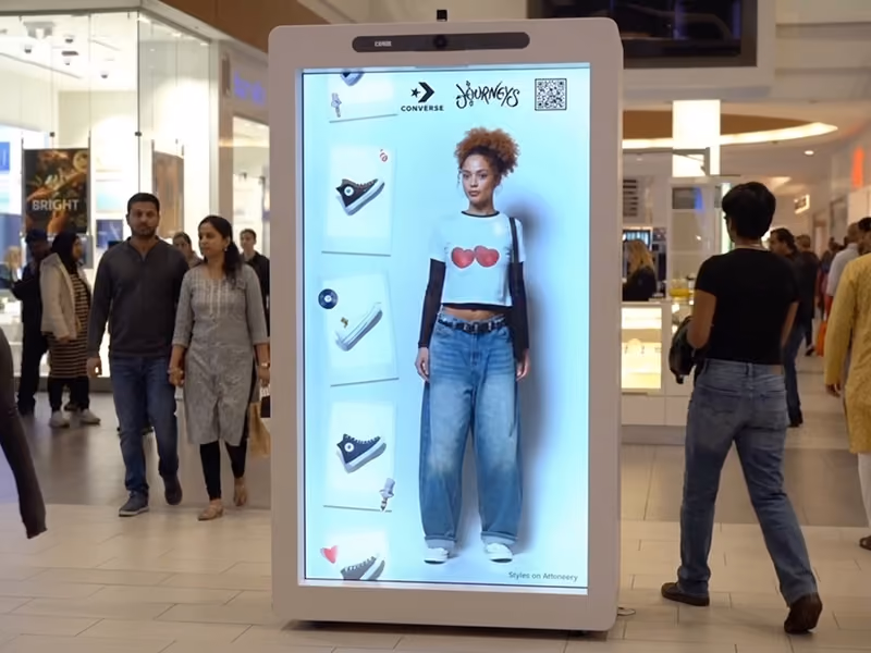 AI avatar hologram assisting shoppers on a HoloBox911 display, mall concourse, India