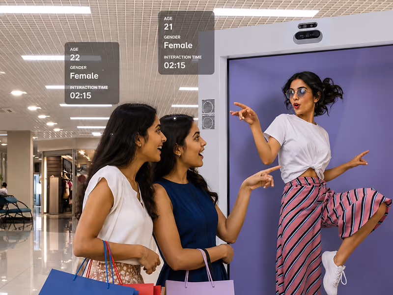 Live holographic brand ambassador engaging shoppers through a HoloBox911 display in a retail store