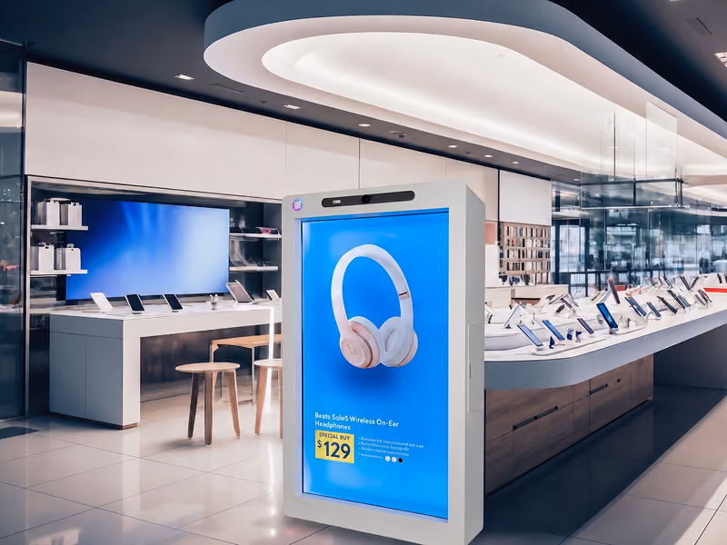 HoloBox911 product information assistant helping customers with product details and specifications in a retail showroom