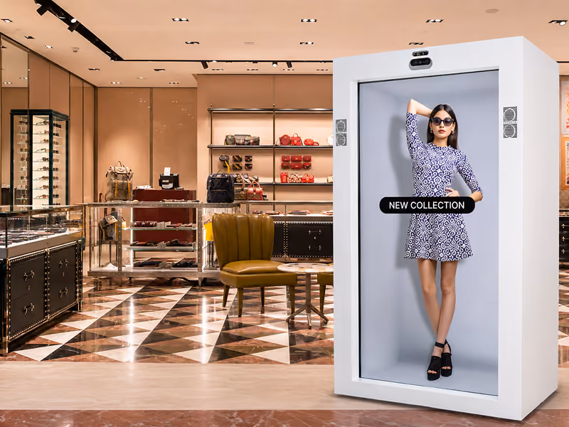 Multilingual AI avatar hologram assisting shoppers in retail, HoloBox911
