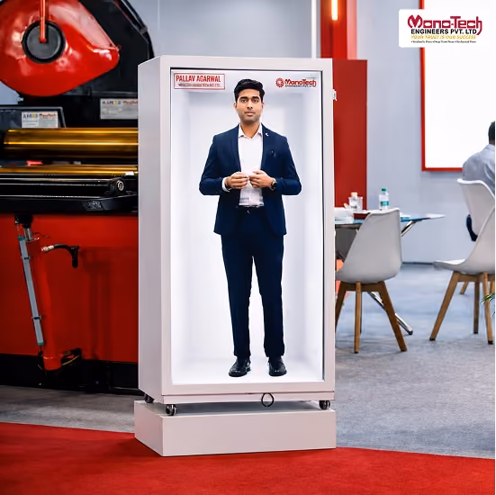 HoloBox911 HoloBox AI Avatar showcasing a life-size AI avatar for interactive customer engagement and digital communication at a technology expo.