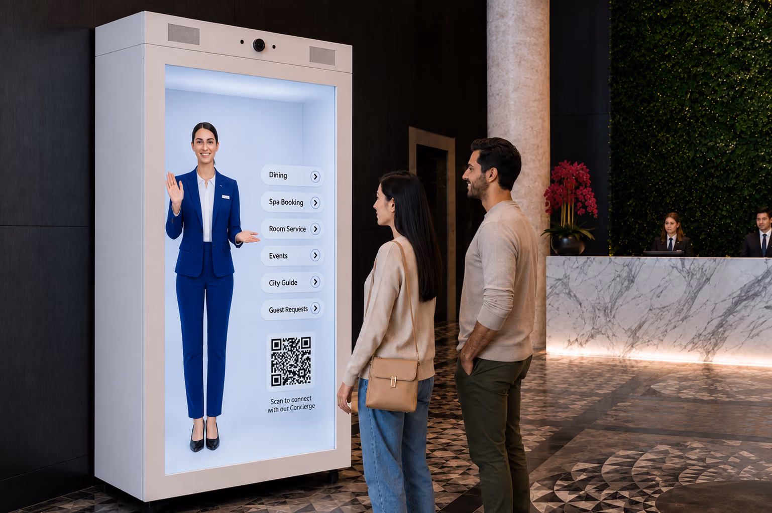 Metaverse911 AI virtual concierge assisting hotel guests with check-in, dining, room booking, and guest services.