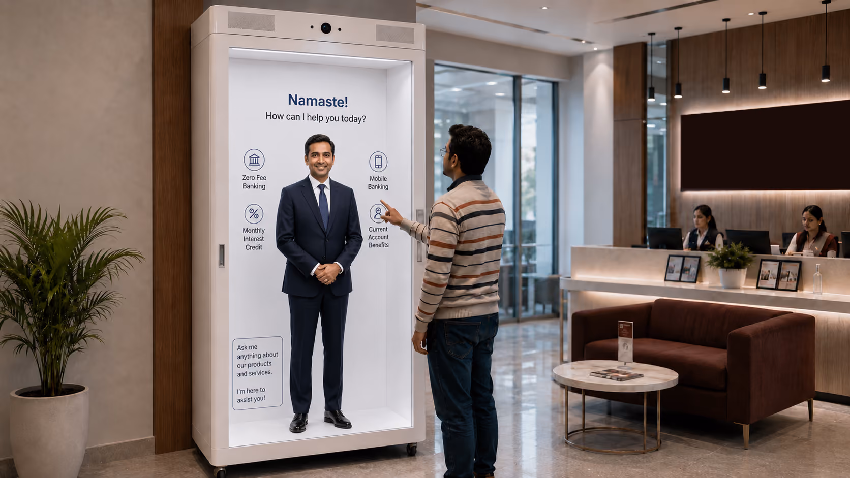 Metaverse911 AI avatar transforming the banking branch experience with interactive digital customer assistance.