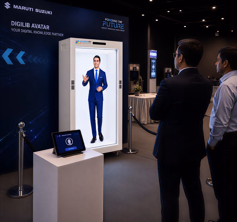 HoloBox911 HoloBox AI Avatar showcasing a life-size AI avatar for interactive customer engagement and digital communication at a technology expo.