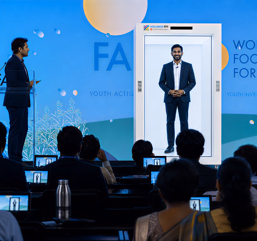HoloBox911 HoloBox delivering immersive live event experiences with life-size 3D hologram displays, AI avatars, and real-time presentations.