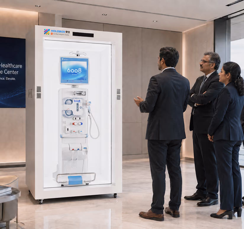Medical device hologram showcased on a HoloBox to healthcare executives