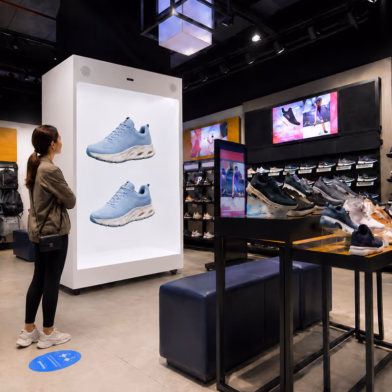 Metaverse911 HoloBox creating immersive retail shopping experiences with interactive 3D holographic footwear displays.