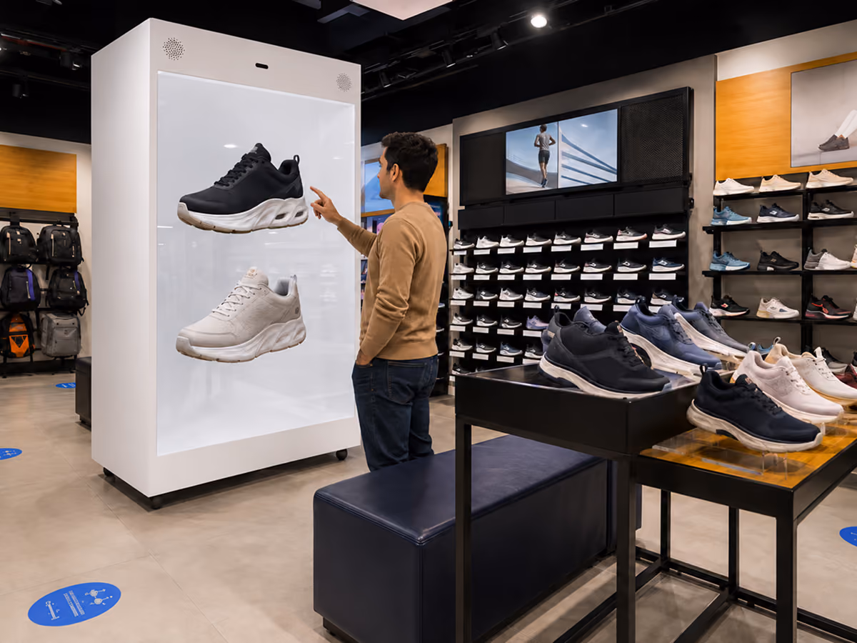 Customer interacting with a life-size HoloBox displaying 3D holographic footwear inside a retail shoe store for an immersive shopping experience.