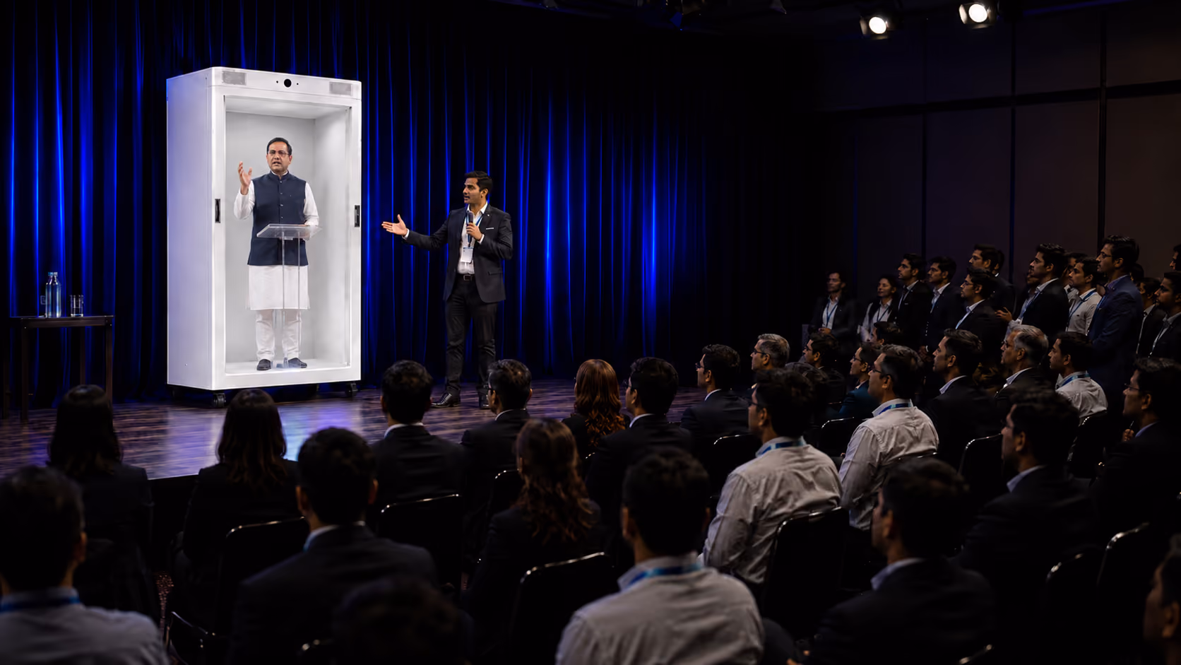 Life-size HoloBox hologram enabling a remote keynote speaker to address a live audience during a corporate conference, enhancing audience engagement and event impact.