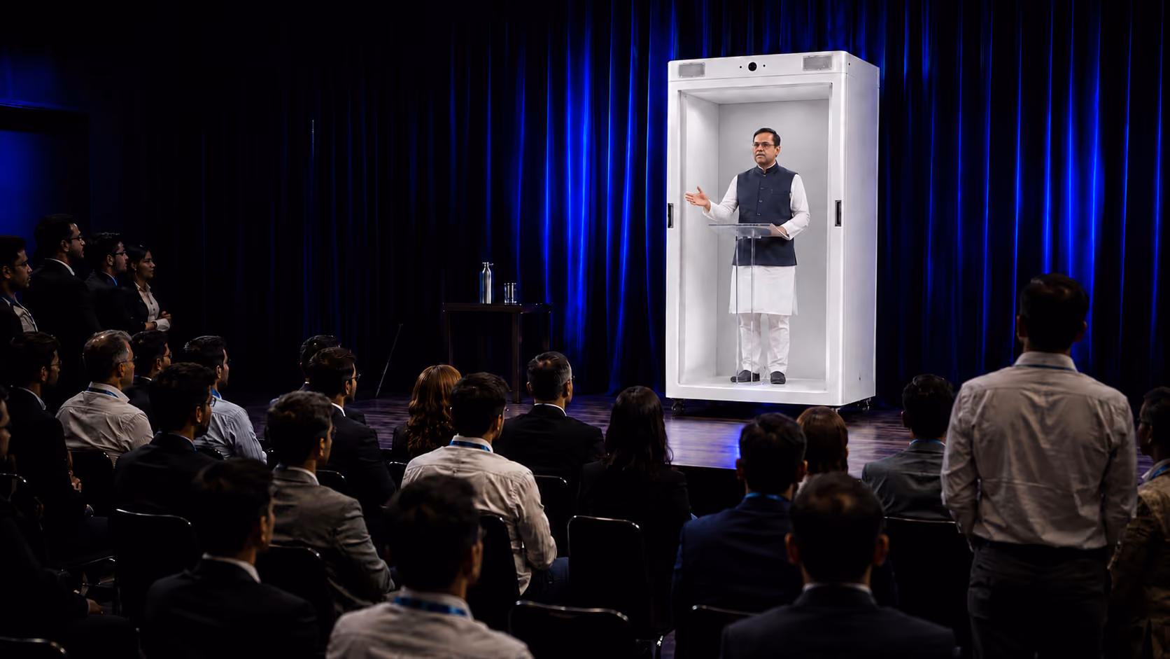 Audience watching a life-size HoloBox holographic speaker delivering an interactive presentation during a live conference and corporate event.