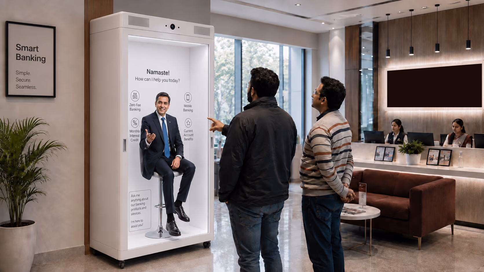 Customers interacting with a life-size AI hologram banking avatar inside a modern bank branch using Metaverse911 HoloBox technology.