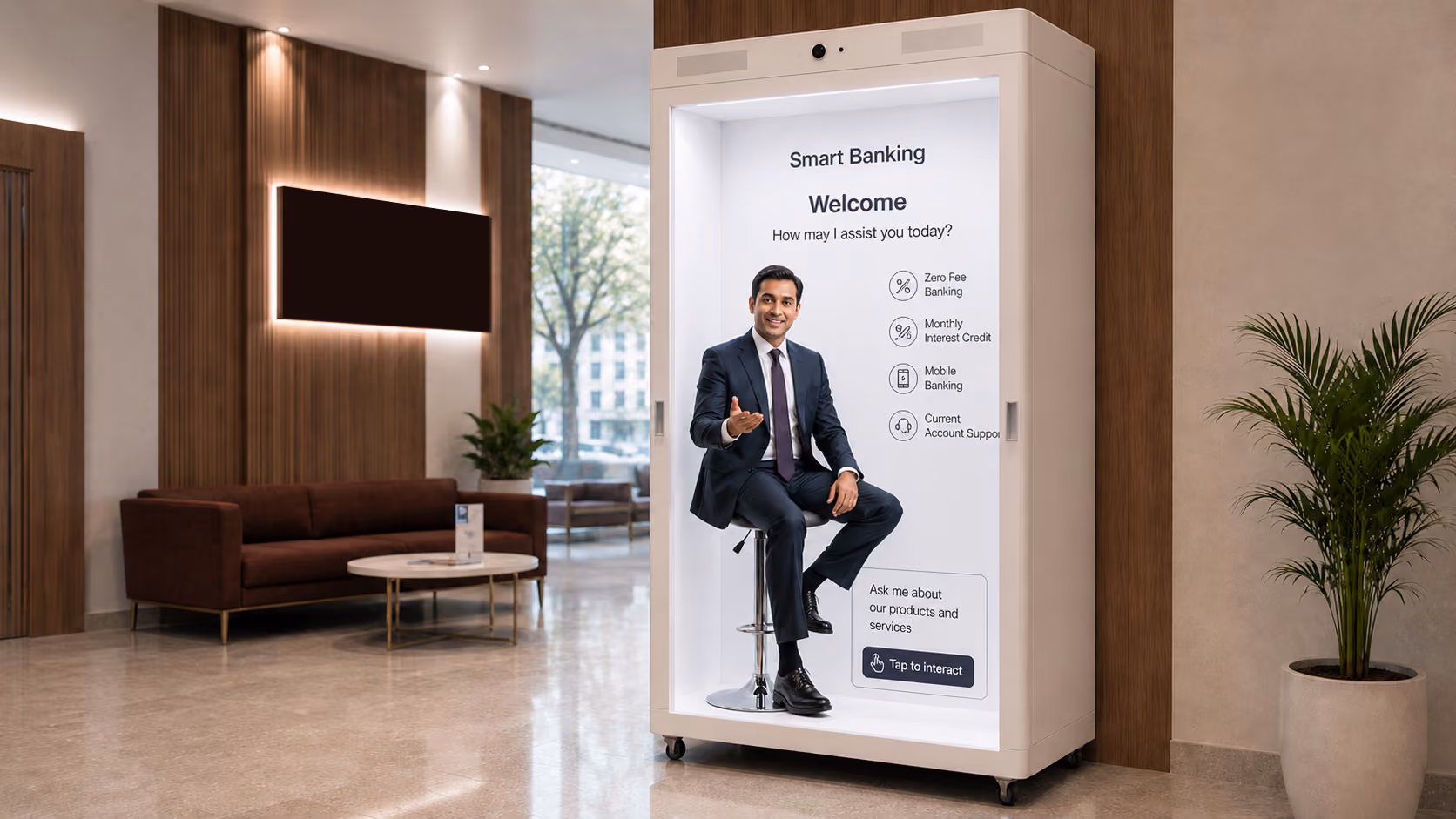 Life-size AI hologram banking avatar displayed inside a Metaverse911 HoloBox, providing interactive customer assistance in a modern bank branch.