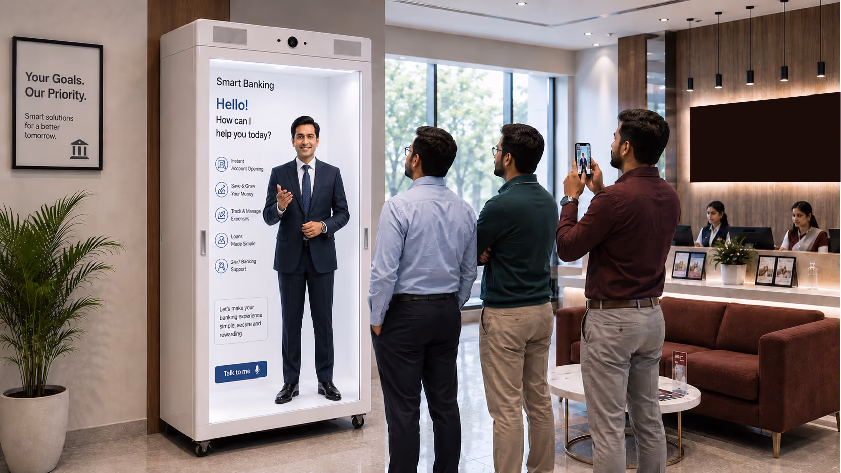 Customers interacting with a life-size AI hologram banking assistant inside a modern bank branch using Metaverse911 HoloBox.