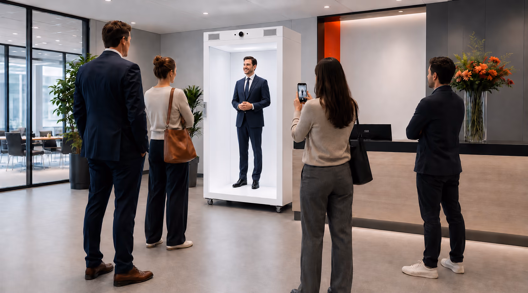 Life-size HoloBox holographic presenter showcasing corporate heritage and brand storytelling to visitors in a modern corporate lobby.
