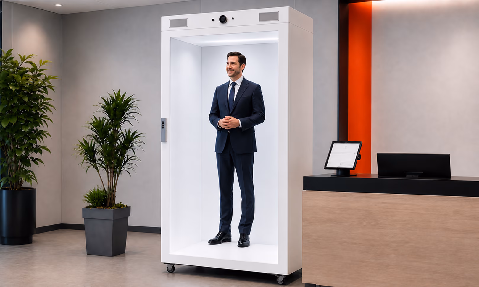 Life-size HoloBox holographic presenter showcasing immersive corporate storytelling and brand communication in a modern corporate lobby.