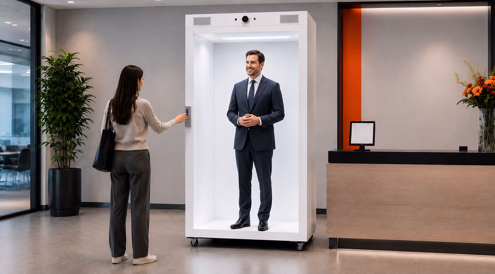 Visitor interacting with a life-size HoloBox holographic presenter for corporate heritage storytelling and immersive visitor engagement.