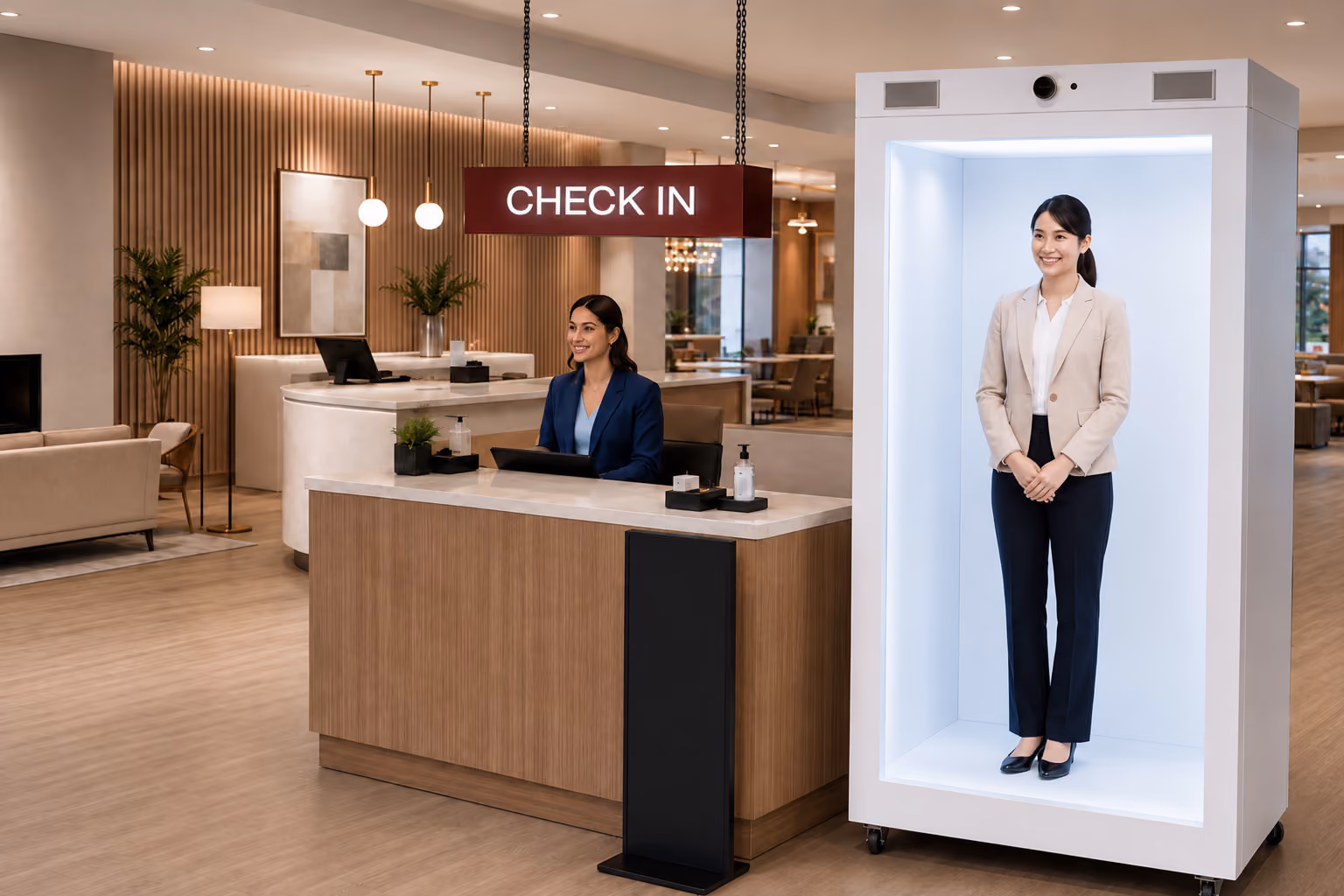 Life-size AI hologram receptionist inside a HoloBox at a modern hotel reception, demonstrating the future of hotel check-in, digital concierge services, automated guest assistance, and smart hospitality technology.