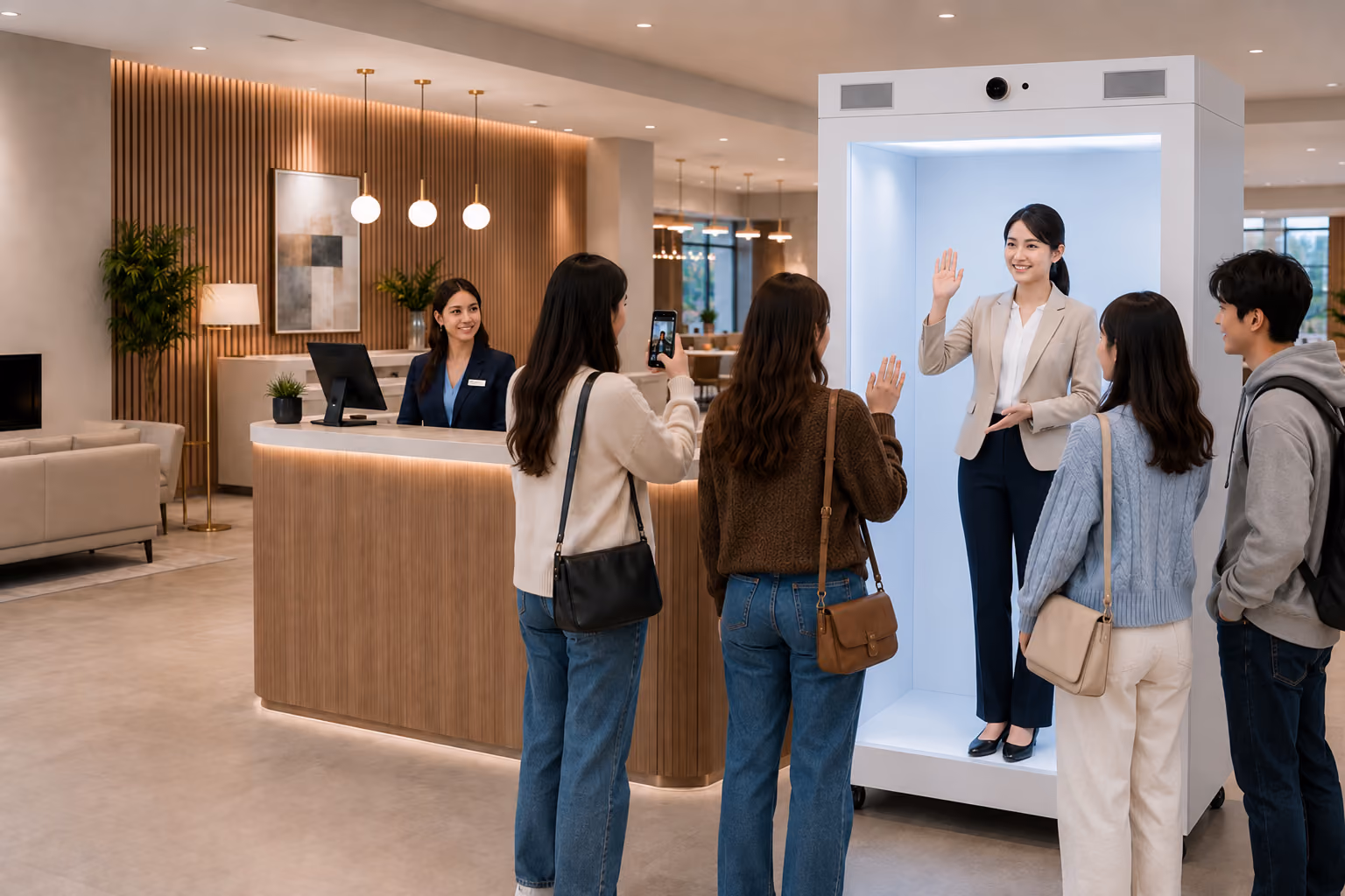 Hotel guests interacting with a life-size AI hologram concierge inside a HoloBox, demonstrating an interactive digital hotel check-in experience with virtual assistance, guest engagement, and smart hospitality technology.