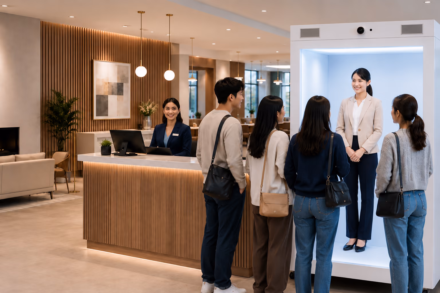 Hotel guests engaging with a life-size AI hologram receptionist inside a HoloBox, demonstrating smart hotel check-in, digital concierge services, automated guest assistance, and enhanced hospitality experiences.