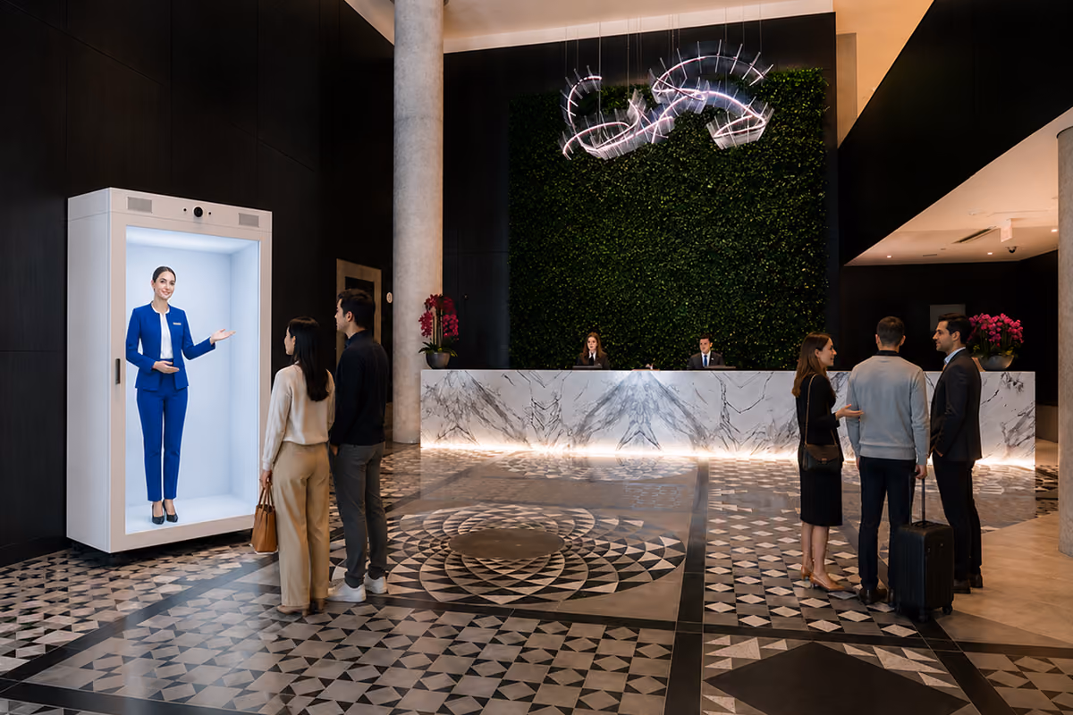 Life-size AI hologram concierge inside a HoloBox assisting hotel guests in a luxury hotel lobby, providing interactive guest services, hotel information, QR-enabled assistance, and a seamless digital hospitality experience.