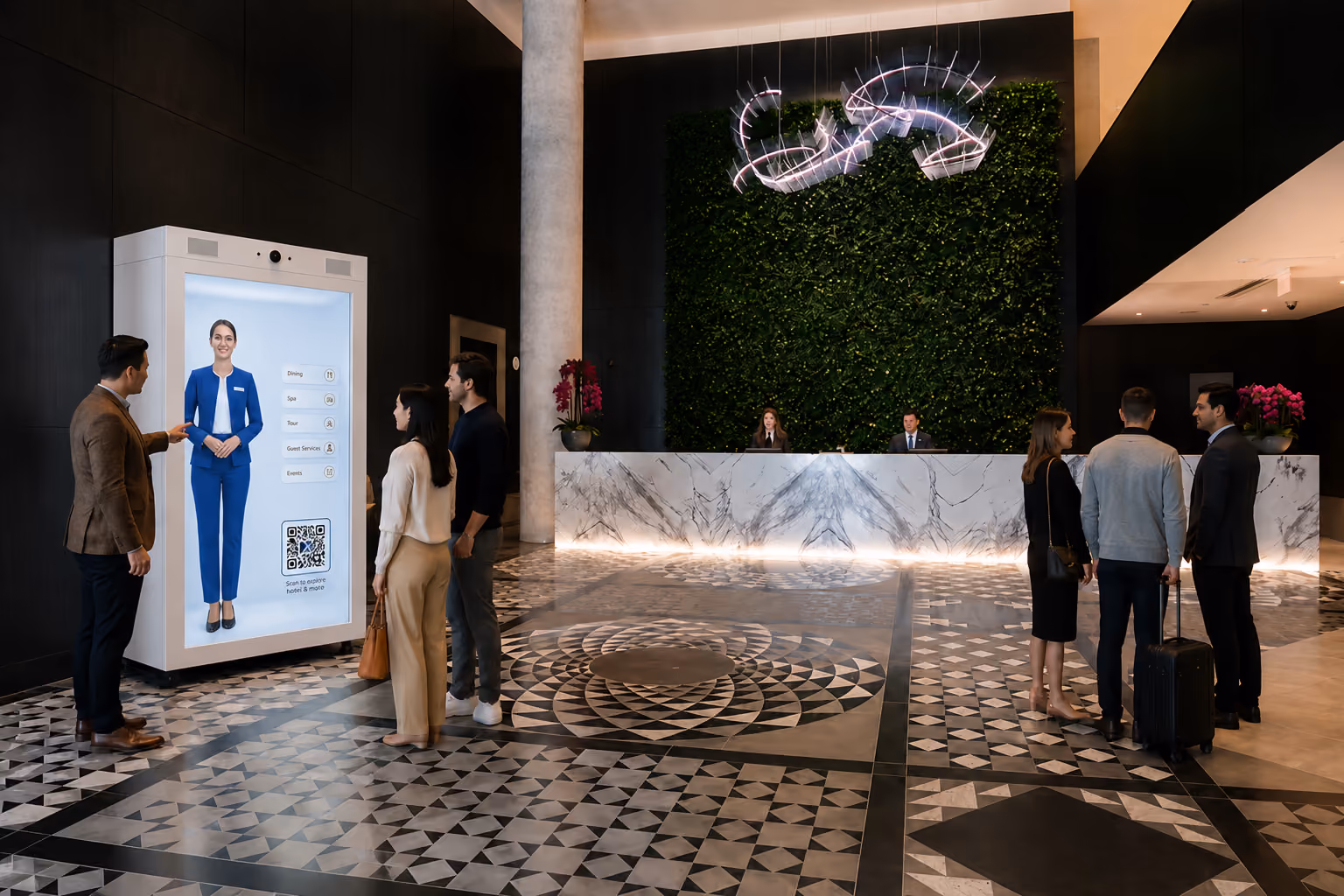 Guests interacting with a life-size AI hologram concierge inside a HoloBox in a luxury hotel lobby, providing instant guest assistance, hotel information, QR-enabled services, and an immersive digital hospitality experience.