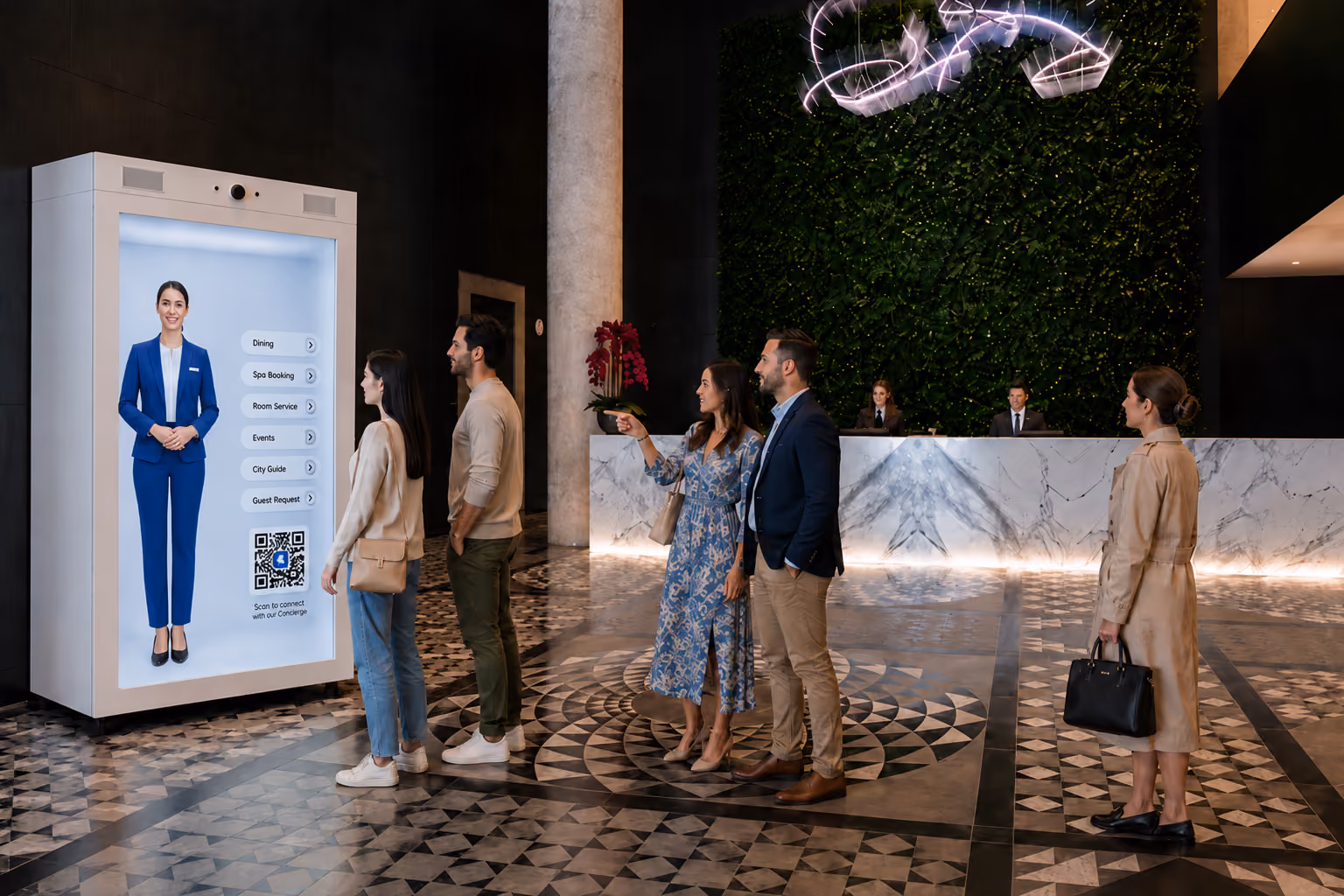 Guests interacting with a life-size AI holographic concierge inside a HoloBox in a luxury hotel lobby, providing digital guest assistance, hotel information, QR-based services, and an immersive hospitality experience.