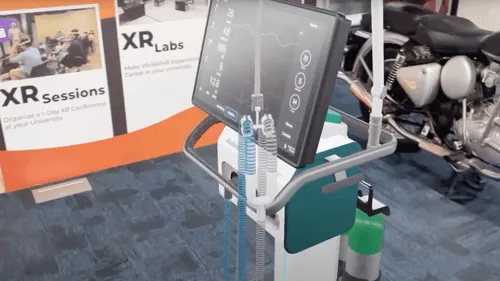 Medical ventilator machine displayed with screen and tubing detail on a HoloBox