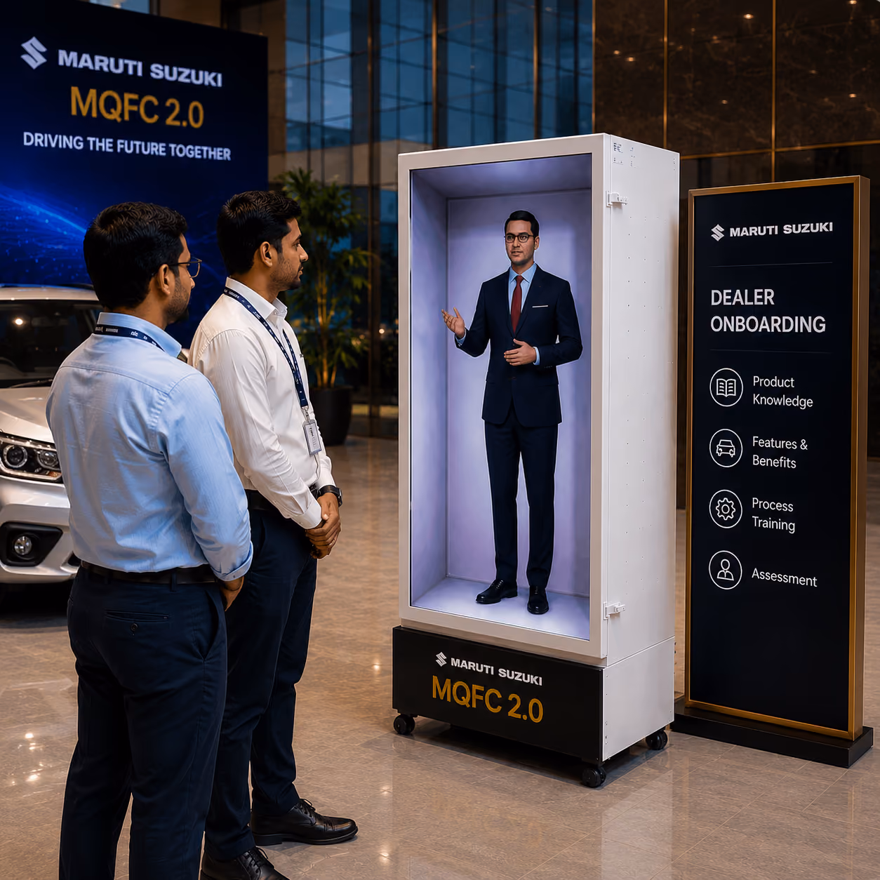 AI avatar hologram welcoming learners at the Maruti Suzuki Vendor Conference Smart Dojo Room