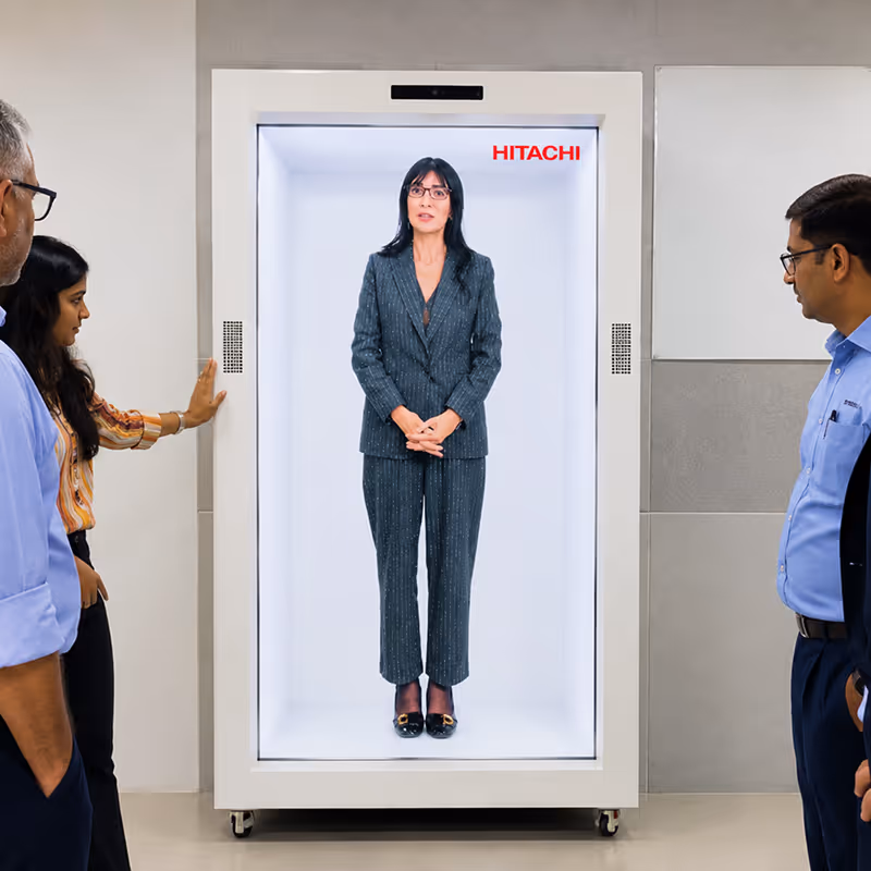 Hitachi leadership appearing live through HoloBox holographic telepresence