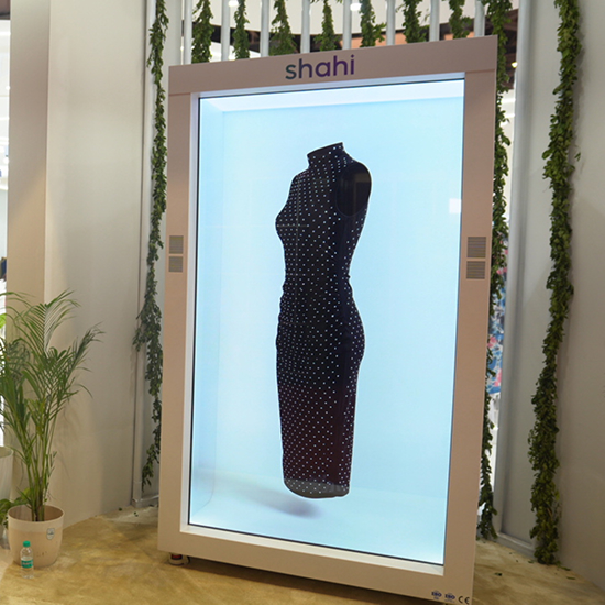 Life-size garment hologram reveal at the Shahi Exports booth at Bharat Tex