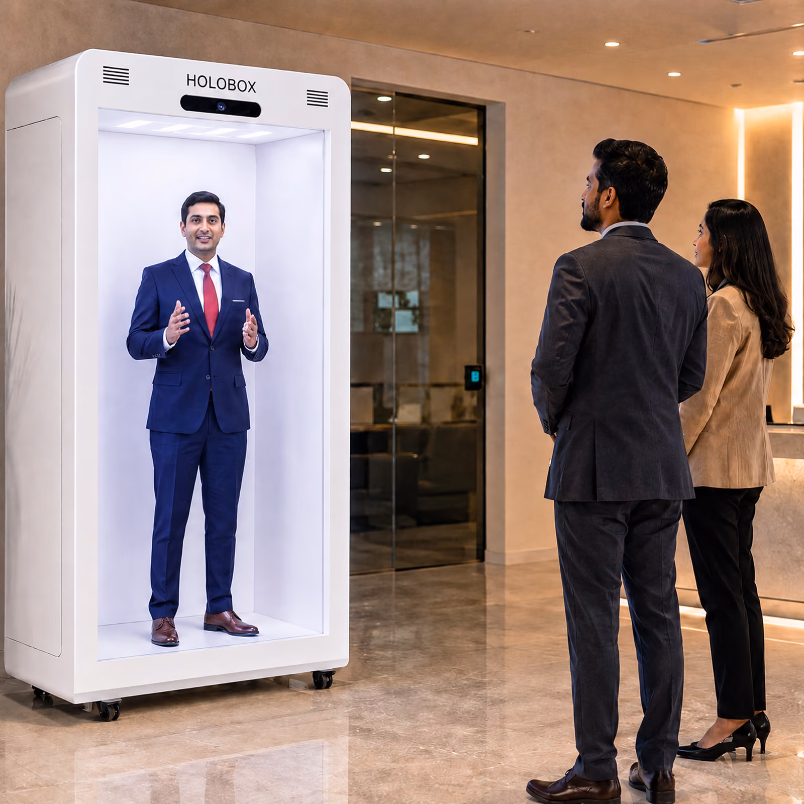 AI hologram concierge welcoming hotel guests with HoloBox911