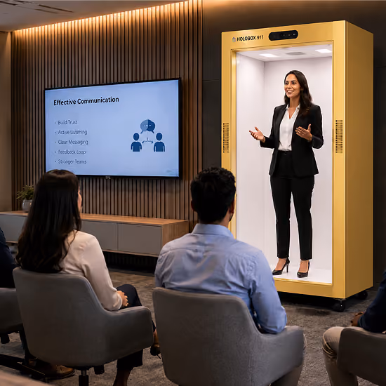 HoloBox911 delivering life-size holographic presenters for exhibitions, trade shows, conferences, and live business events.