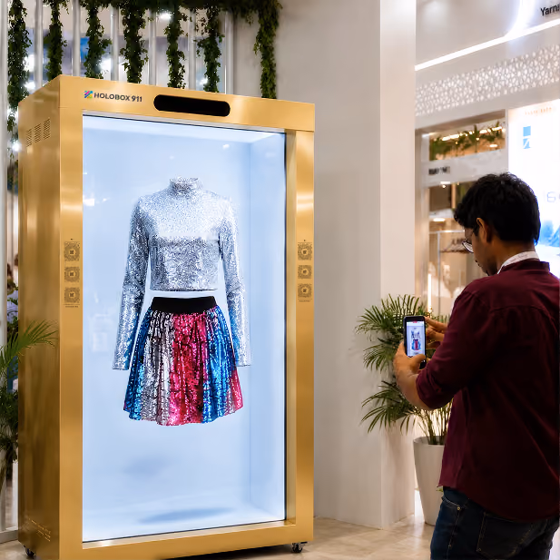 Life-size 3D hologram display showcasing a virtual model inside a retail store