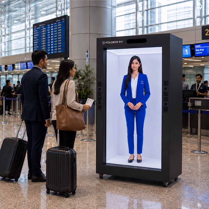 Life-size 3D hologram display showcasing a virtual model inside a retail store