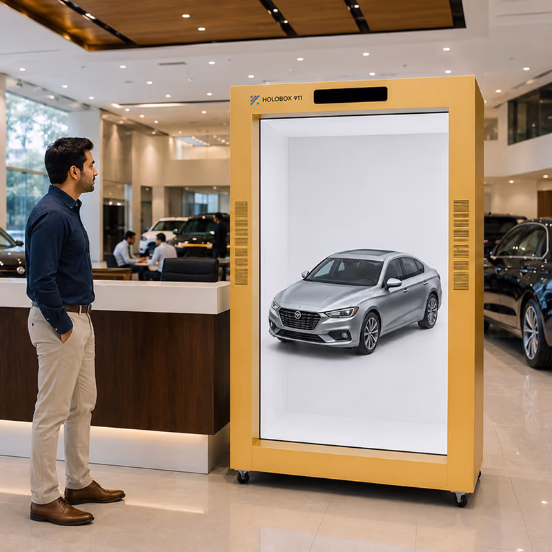 Maruti Suzuki dealers exploring vehicle internals on a touch-controlled 3D hologram at MQFC 2025
