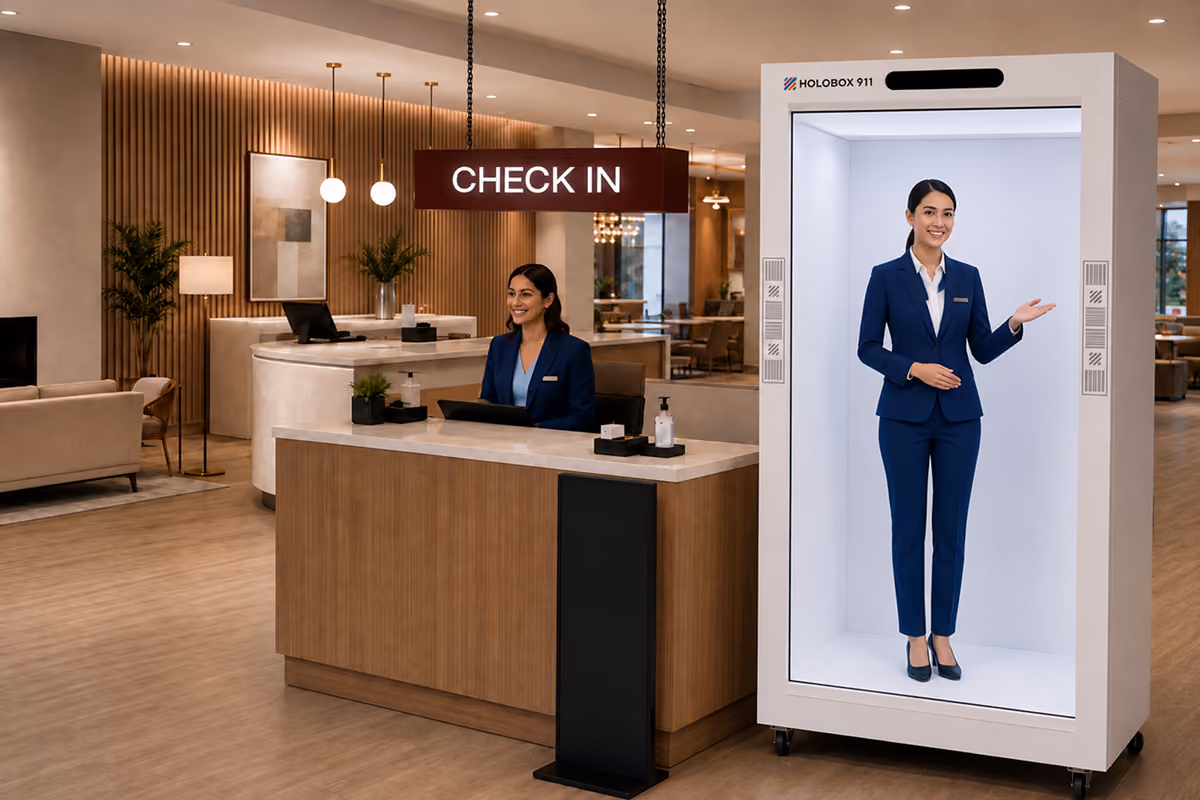 Hologram reception display welcoming guests at a hotel