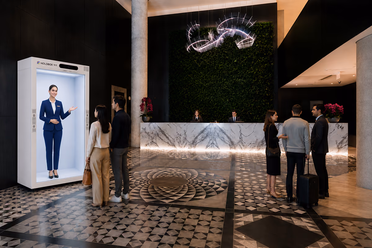 AI hologram concierge greeting guests in a smart hotel lobby