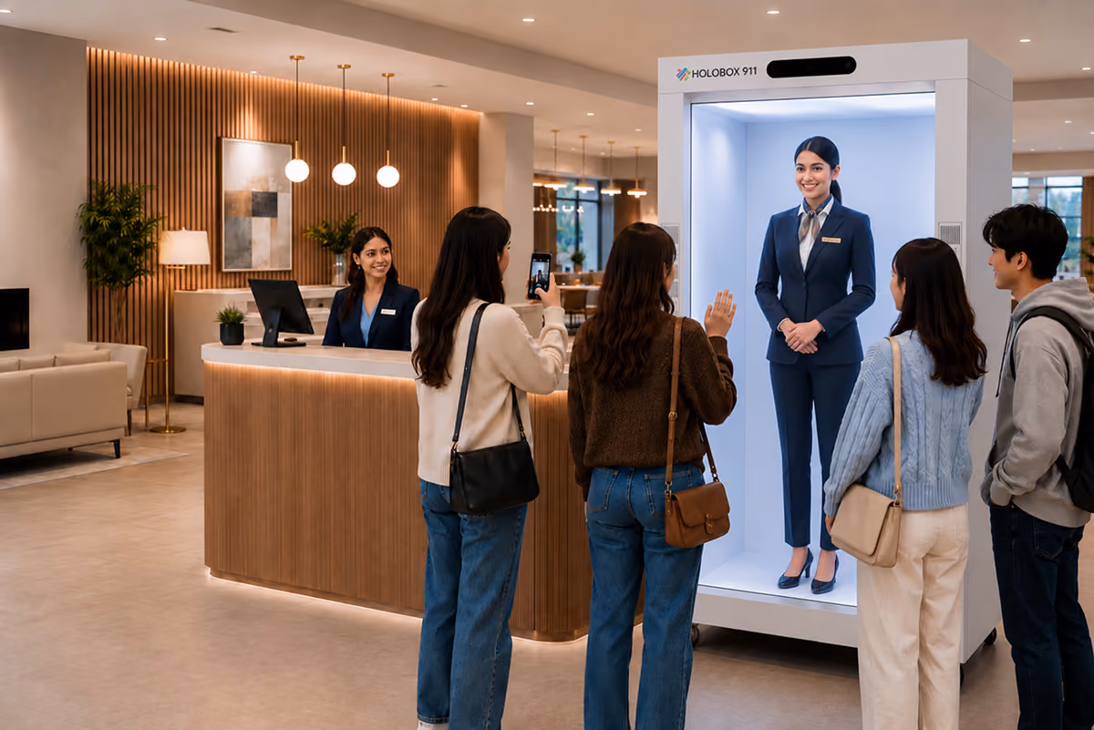 AI hologram hotel check-in experience on a HoloBox reception display